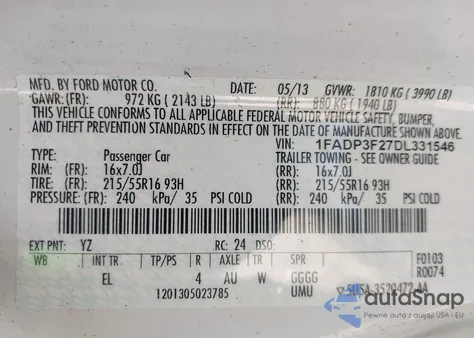 2013 Ford Focus Se from USA, damaged, VIN 1FADP3F27DL331546